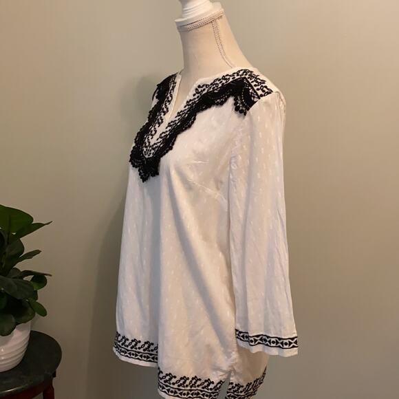 Talbots Black & White Embroidered V-neck Lined Cotton Tunic Size S - Picture 2 of 5